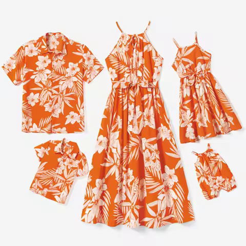 PatPat Family Matching Orange Beach Shirt and Floral Strap Dress Sets