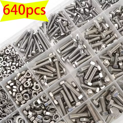 640pcs Stainless Steel Hex Bolt, Nut, and Washer Set, M3-M4-M5-M6 Full Thread, Grade 8.8/10.9, SUS,