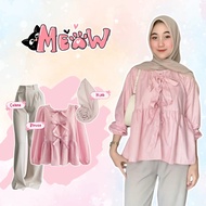 KATUN One Set of Korean Style Clothes 3in1Wanita Striped Cotton Blouse with Front Ribbon + Premium K