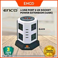 Soket Kuasa Berdiri Enco Tower 4U8K UK Plug dengan Pelindung Surge dan 4 USB Port Power Socket Putih