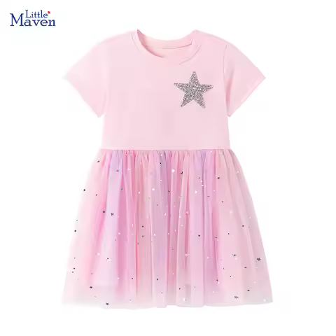 Little maven Baby Girls Clothes 2026 Summer Children's Clothing Cartoon Stars Birthday Gifts Mesh Dr