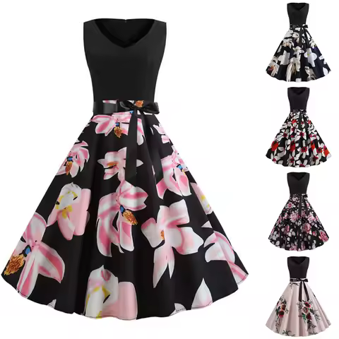 50s Dress Women Sleeveless Vintage Cocktail Dress 1950s Rockabilly Party Dress платье женское вечерн
