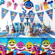 [SG Seller] Blue Baby Shark Happy Birthday Party Celebration Deco Prop Backdrop Photography Tableware Plates