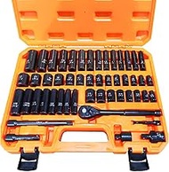 3/8" Drive Impact Socket Set, 50-Piece Standard SAE (5/16 to 3/4 inch) and Metric (8-22mm),6 Point, 