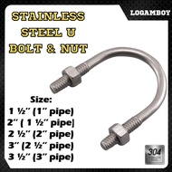 U BOLT AND NUT STAINLESS STEEL SS304 U CLIP PIPE BRACKET EXHAUST 1'' 2'' 3'' U-Bolt