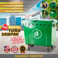 660L Tong Sampah Besar Hijau Bertutup Beroda Outdoor Dustbin with Wheel Lid Large Commercial Mobile 