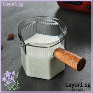 LAYOR1 Milk Cup, with Wood Handle Glass Espresso Cup, Easy to Clean Gray Vertical Grain High Quality Measuring Cup Milk Espresso Shot