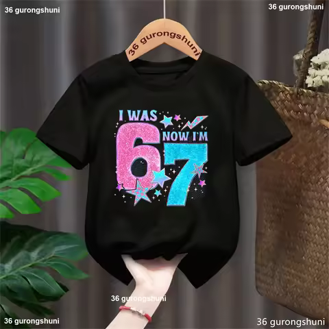Colorful I Was 6 Now I Am 7 67meme Printed T Shirt Girls 7th Birthday Gift T-Shirt Funny Kids Clothe
