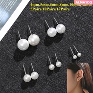 ALMA1DQ 5Pairs/10Pairs/12Pairs Ear Stud Wedding Engagement 4mm 5mm 6mm 8mm 10mm 12mm Women Round Sha