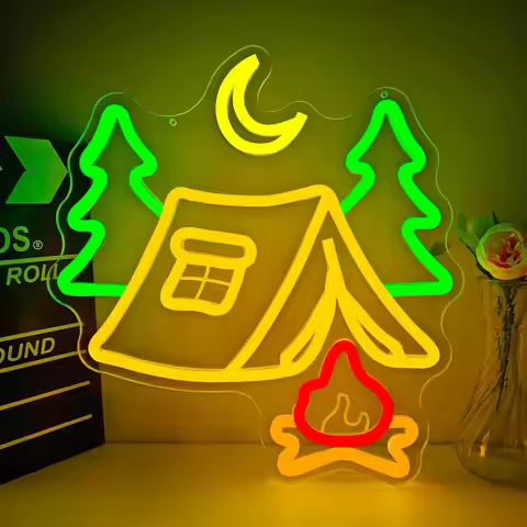 Forest Campfire LED Neon Light Camping Tent Neon Sign for Bedroom Man Cave Alien Spaceship Cow Wall