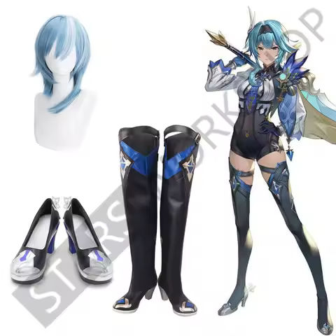 Genshin Impact Eula Cosplay Shoes Black High Heel Leather Boots Blue Wig Synthetic Hair For Hallowee