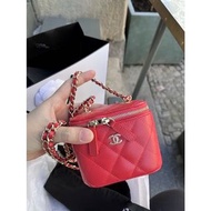 Chanel vanity case 小盒子 紅色荔枝皮 淡金釦 全新歐洲專櫃購入
