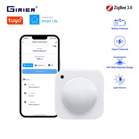 GIRIER Tuya ZigBee PIR Motion Sensor Smart Movement Detector 2-in-1 Light Sensor for Home Security S