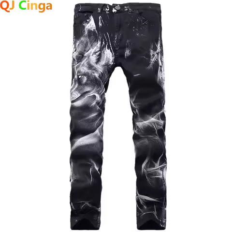 Blue Men 3D Printing Jeans Denim Black Wolf Pattern Printed Punk Straight Cotton Casual Print Denim 