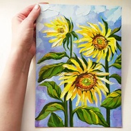 Landscape with Sunflowers. Summer oil painting on cardboard painting flowers