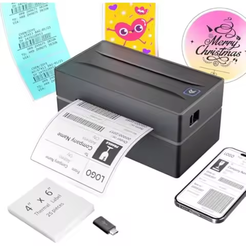 Small business shipping: Bluetooth thermal 4x6 label printer, plastic housing, black, wireless cross