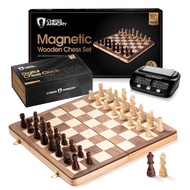 Chess Set 15 Inch Magnetic Wooden with Chess Clock for Kids and Adults