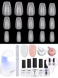 Aillsa Nail Gel Kit with Top Coat & Dehydrator, 240 Coffin Tips, Glue, Files & UV/LED Lamp – Perfect