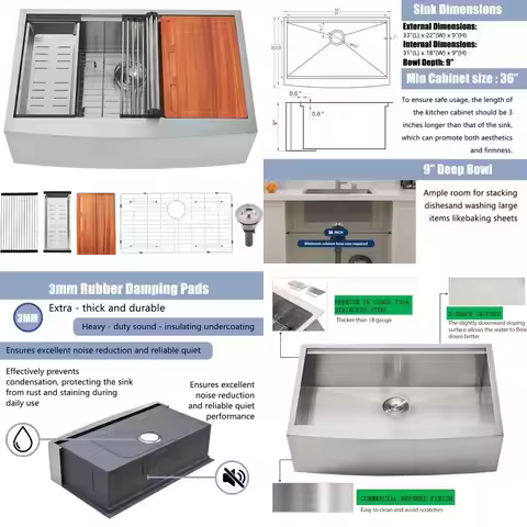 33 Inch 33x22 Apron Front Stainless Steel Undermount Farmhouse Kitchen Sink, 16 Gauge Ledge Workstat