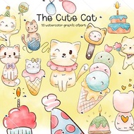 數位 Watercolor cute cat cartoon hand drawn style for print, card, t-shirt, banner an