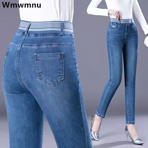 Mother Pencil Jeans Women Casual Elastic High Waist Skinny Denim Pants Big Size 36 Retro Stretch Vaq