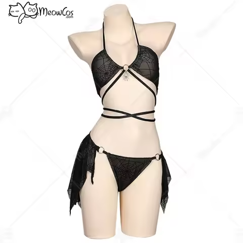 Meowcos Women‘s Gothic Swimsuit Spider Web Design Dark Style Swimwear Set