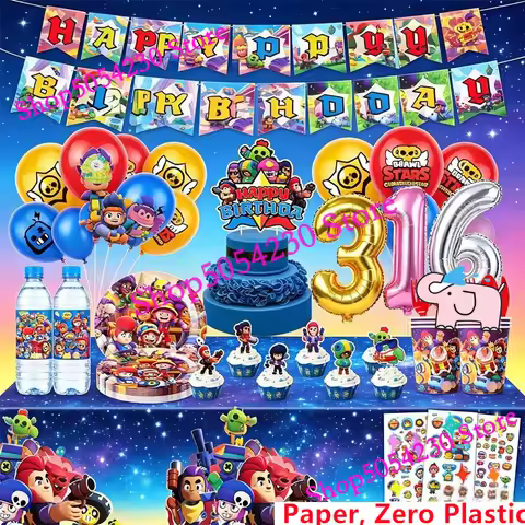 Ultimate Brawl Stars Themed Birthday Party Bundle Happy Birthday Banner Latex Balloons Tableware Cup