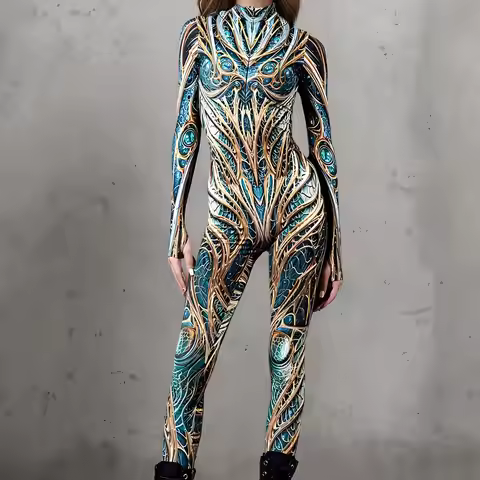 Women CyberPunk Mechanical Wisteria Tight Bodysuit 3D Printed Cosplay Costume Perfermence Zentai Sui