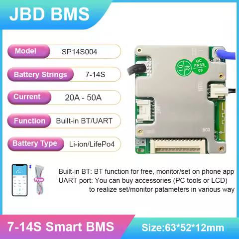 JBD Smart BMS 20A 30A 40A 50A Automatically Identify 7S 8S 9S 10S 11S 12S 13S 14S 24V 36V 48V Lifepo