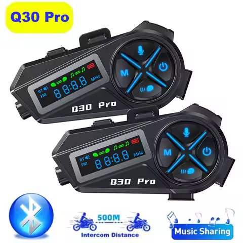 Q30Pro Motorcycle Helmet Bluetooth Intercom Headset FM Radio LED Lighting Stereo IP56 Waterproof Voi