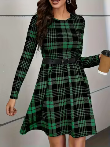 Plus Size Women's Green Plaid Long-Sleeve Dress A-Line Mini Dress Casual Daily Party Dress (0XL-4XL)