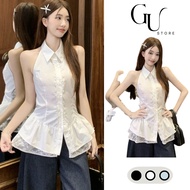 Women's blouse Sleeveless Backless shirt with ruffles and flared lace trim, sexy and unique style GU