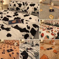 【SUVPR】3 In 1 Bedsheet With Comforter Mattress Protector Cow Black And White Spots Washed Cotton Simple Nordic Quilt Cover 1.8 Sheets Three-piece Bedding Set Cadar Queen Size