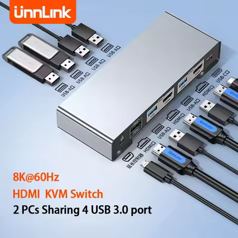 Unnlink 8K 60Hz HDMI KVM Switch USB3.0 4K@120Hz 2K@144Hz KVM Switcher 2 PCs Sharing 1 Monitor,Printe
