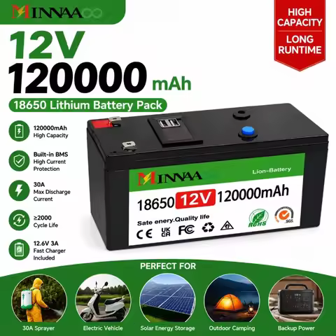 MINNAAOO 12V 120000mAh 18650 Lithium Battery Pack With USB Port BMS For Sprayer Electric Vehicle Sol