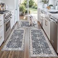 3 Piece Kitchen Rug Set – Washable Non Slip Small Boho Runner Rugs for Floor, Sink, Stove & Entryway