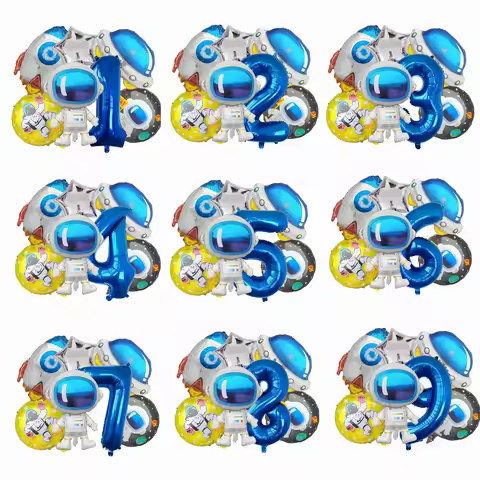 7 Pcs Rocket Astronaut Foil Balloon Universe Outer Space Theme 0-9 Years Old Children Boys Birthday 