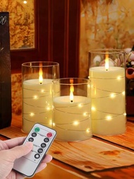 3入組白色LED蠟燭與仙女燈，電池操作，內置LED，並帶有遙控器的有機玻璃蠟燭