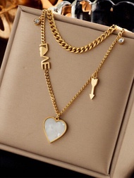 1 pieza Collar con dije de joyería dorado, de acero inoxidable chapado en oro con una llave en forma de corazón y letra en cadena doble