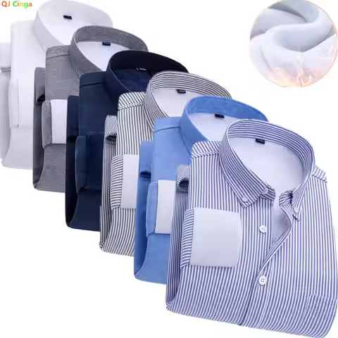 Winter Men Blue Striped Long Sleeve Padded Shirt, Single Button Square Collar Thick Shirts, Business