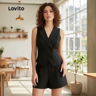 Lovito Chic Women's Black Buttoned Shorts Set for Spring/Summer L137ED209