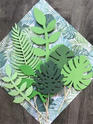 7入組熱帶樹葉杯子蛋糕裝飾，綠色杯子蛋糕裝飾，棕櫚樹葉蛋糕頂飾，叢林風格生日派對用品