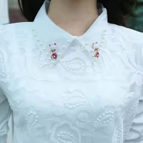 Women Spring Autumn Style Lace Blouses Shirts Lady Peter Pan Collar Long Sleeve Beading Casual Blusa
