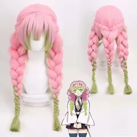 Mitsuri Kanroji Cosplay perruque cheveux longs rose vert résistant à la chaleur authentiques Cos