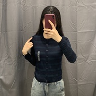 UNIQLO Japanese Womens Clothing 25 Autumn Worsted Merino Wool Ribbed Crew Neck Striped Knitted Short