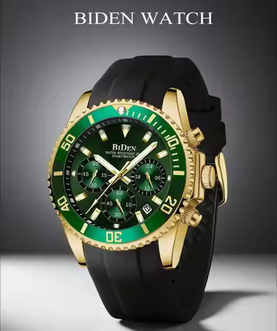 BIDEN Classic Green Watch For Man Fashion Casual Rubber Strap Wrist Watch Men With Calendar Reloj Ho