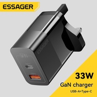 Essager เครื่องชาร์จ USB Type C 33W GaN QC PD 3.0พอร์ตคู่อะแดปเตอร์แบบพกพาขนาดเล็กพอร์ตสำหรับ IPhone 14 13 12 IPad Xiaomi แท่นชาร์จผนังเร็ว