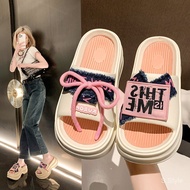 Women's Platform Slides with Bow & Letter Patch - Trendy Chunky Slippers