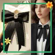 YOLAN Memorial Black Ribbon Bow Tie Brooch, Fabric White Lace Rhinestone Necktie, High Quality Black