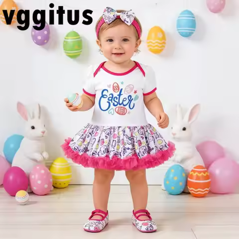 Summer Baby Girls Easter Dress Sets Bunny Egg Print Tulle Ruffle Dresses with Headband Shoes Infant 